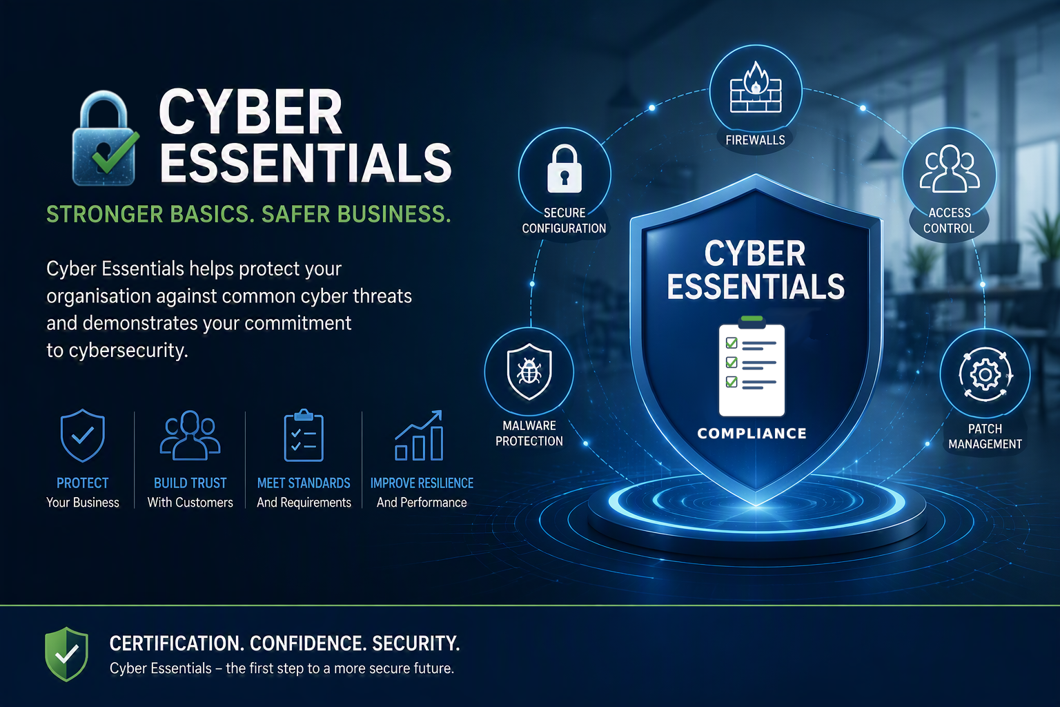 Cyber Essentials graphic showing the five key security controls around a shield with a compliance checklist icon