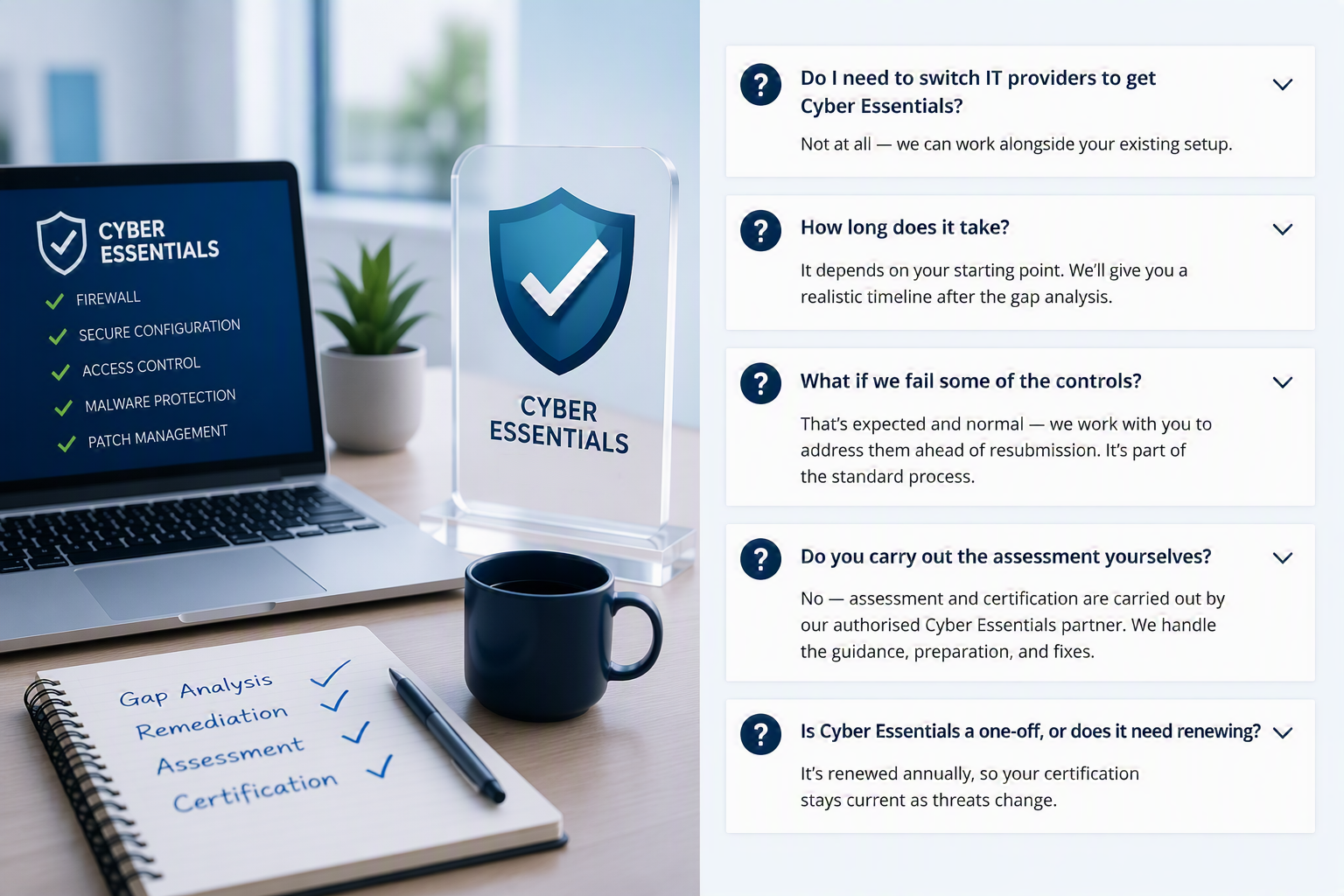 Desk scene showing Cyber Essentials preparation steps: gap analysis, remediation, assessment, and certification