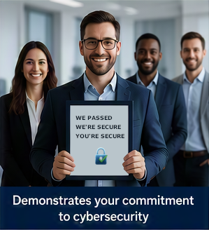 Team member holding a sign confirming cybersecurity compliance, with colleagues in the background.